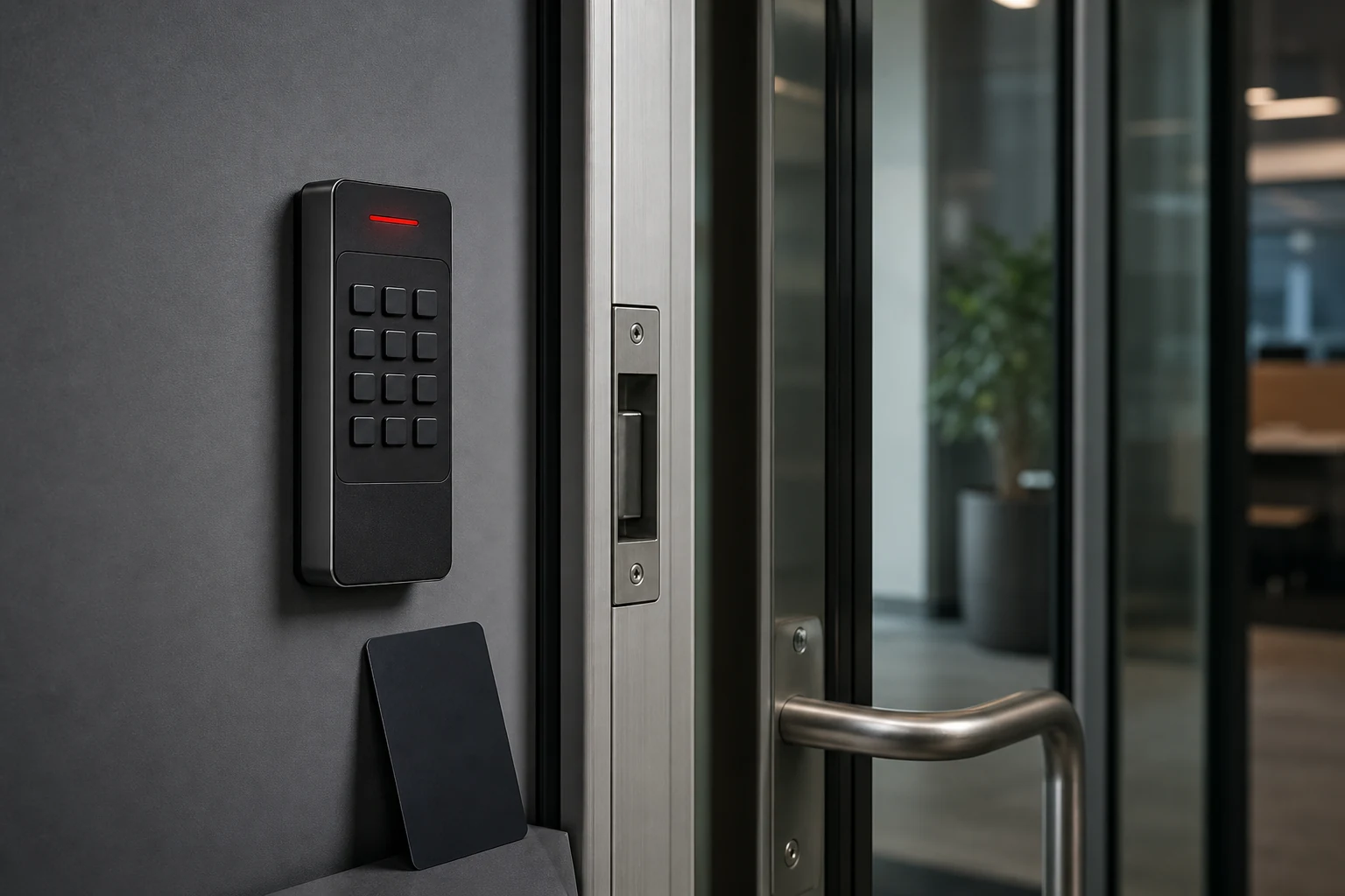 Electronic access control reader installed beside a secure entrance